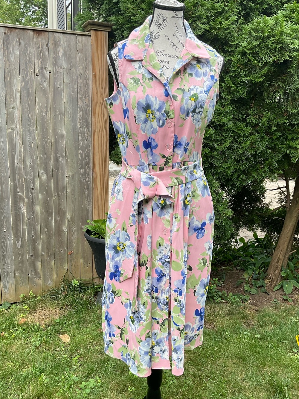 Nina Leonard Pink Floral Sleeveless Shirt Dress with Tie Waist
